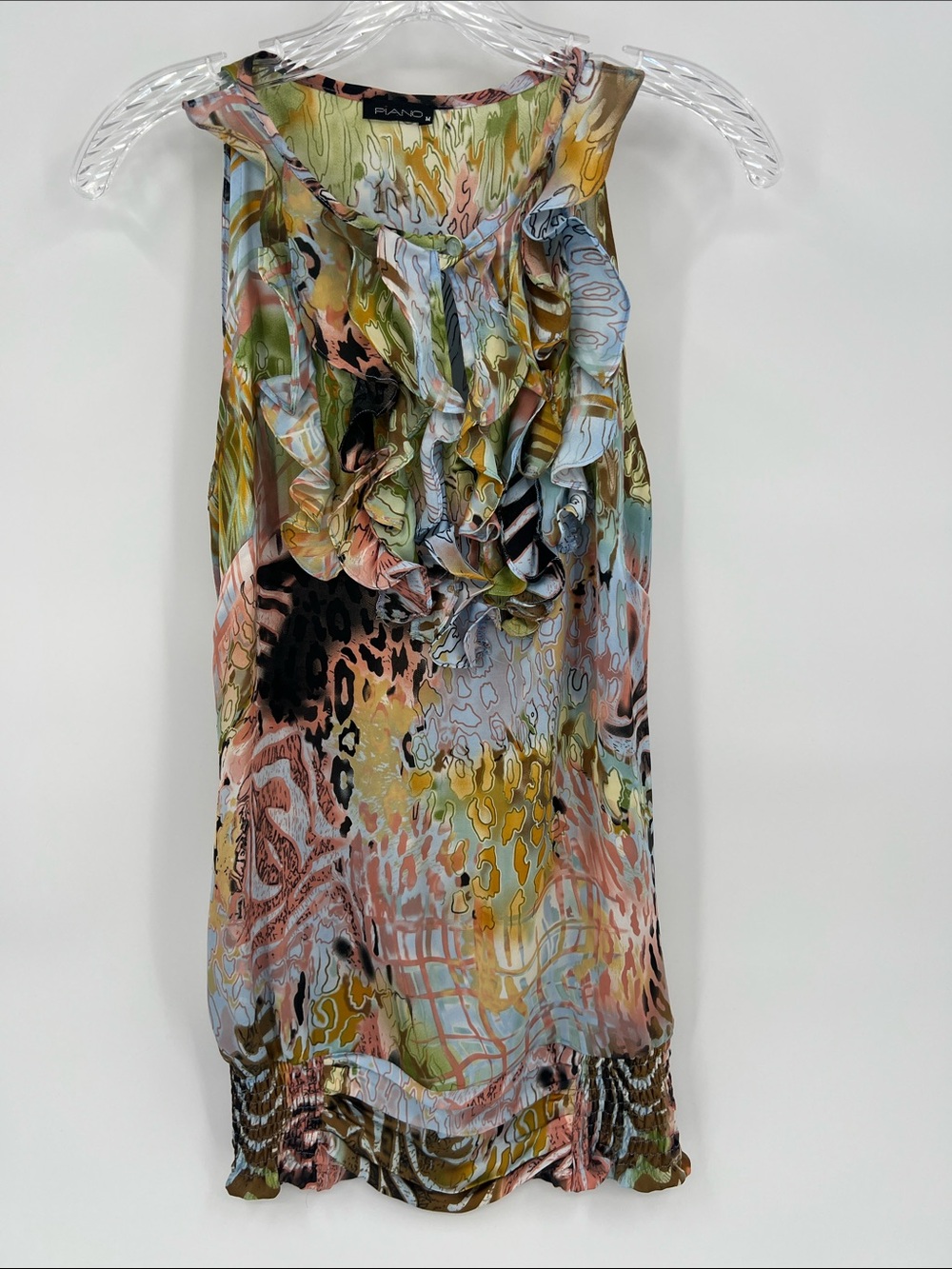 Ruffled Sleeveless Multi-Color Print Dress By Piano